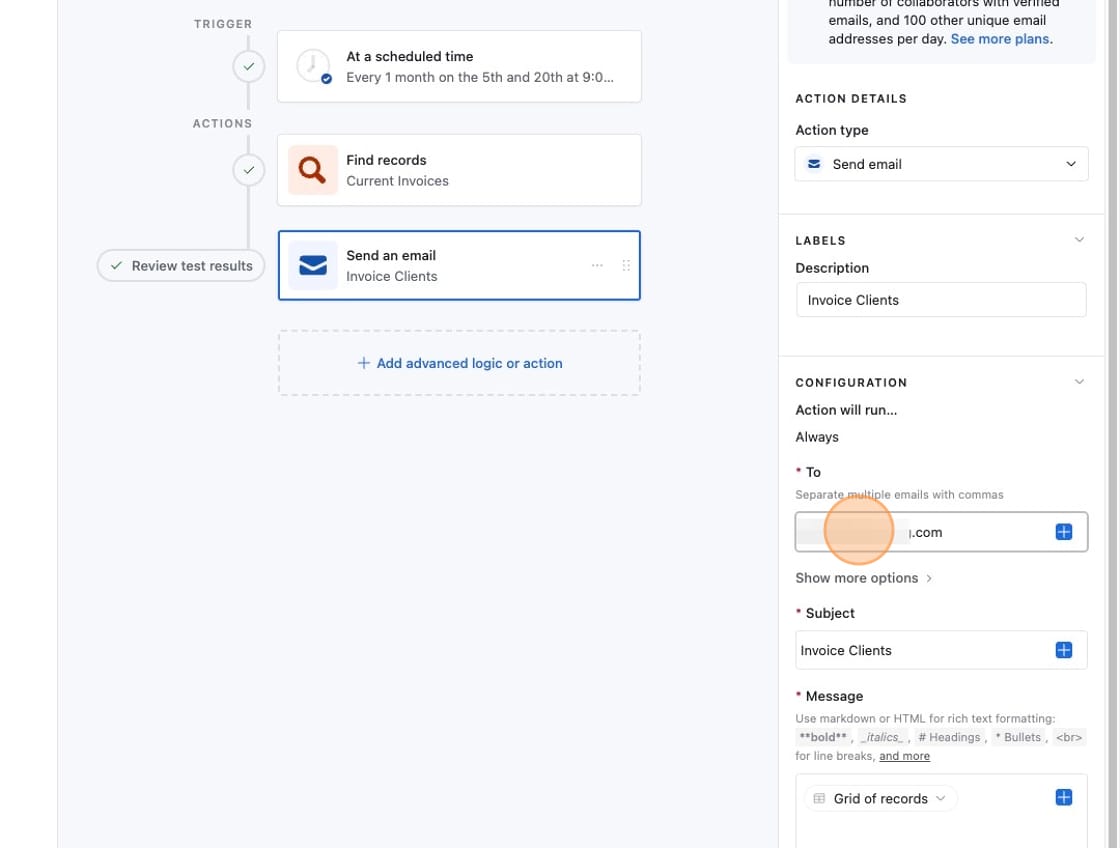 The Send an email action step in Airtable