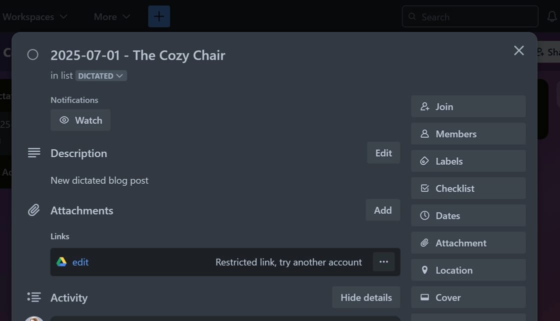 Screenshot of the details of a Trello card
