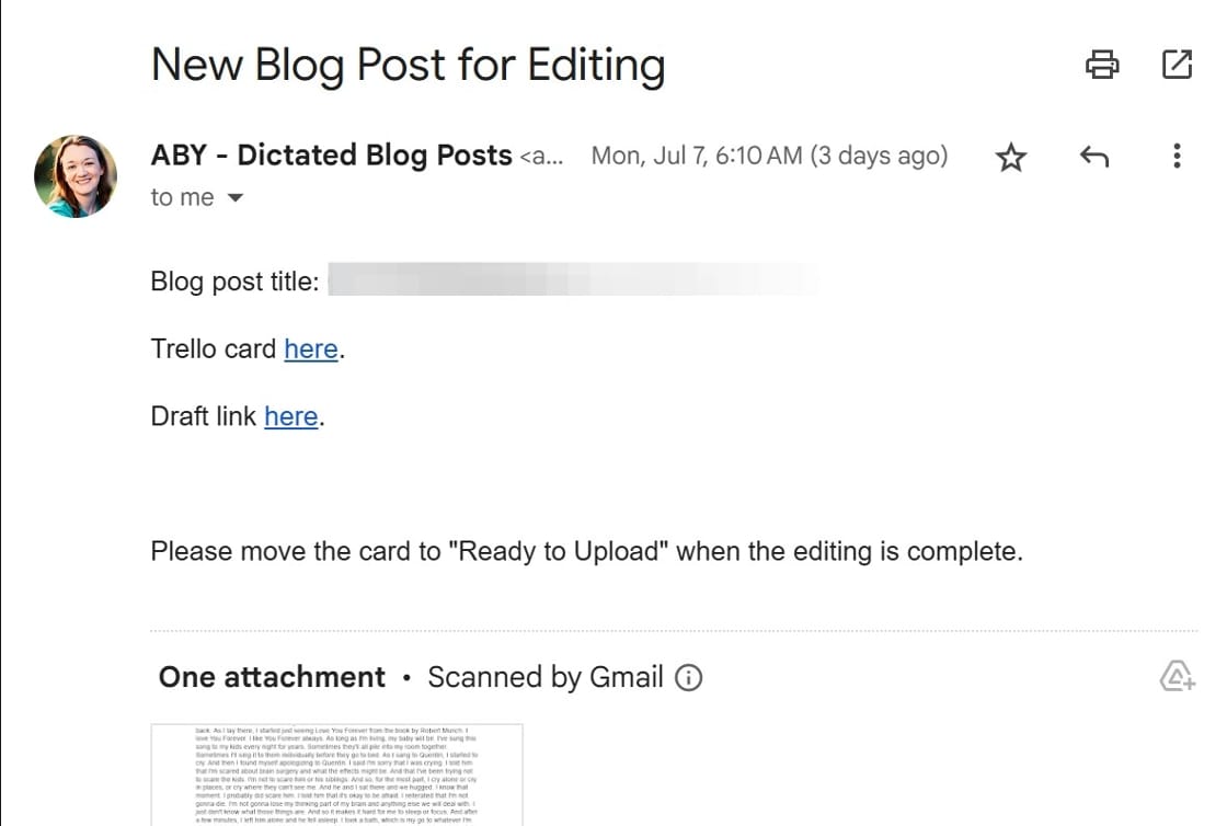 Screenshot of an email
