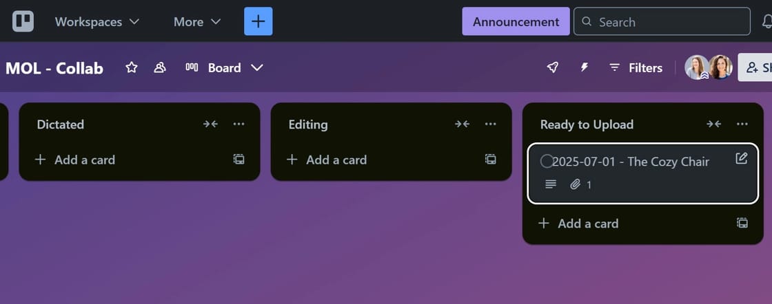 Screenshot of a card on a list called "Ready to Upload" in Trello