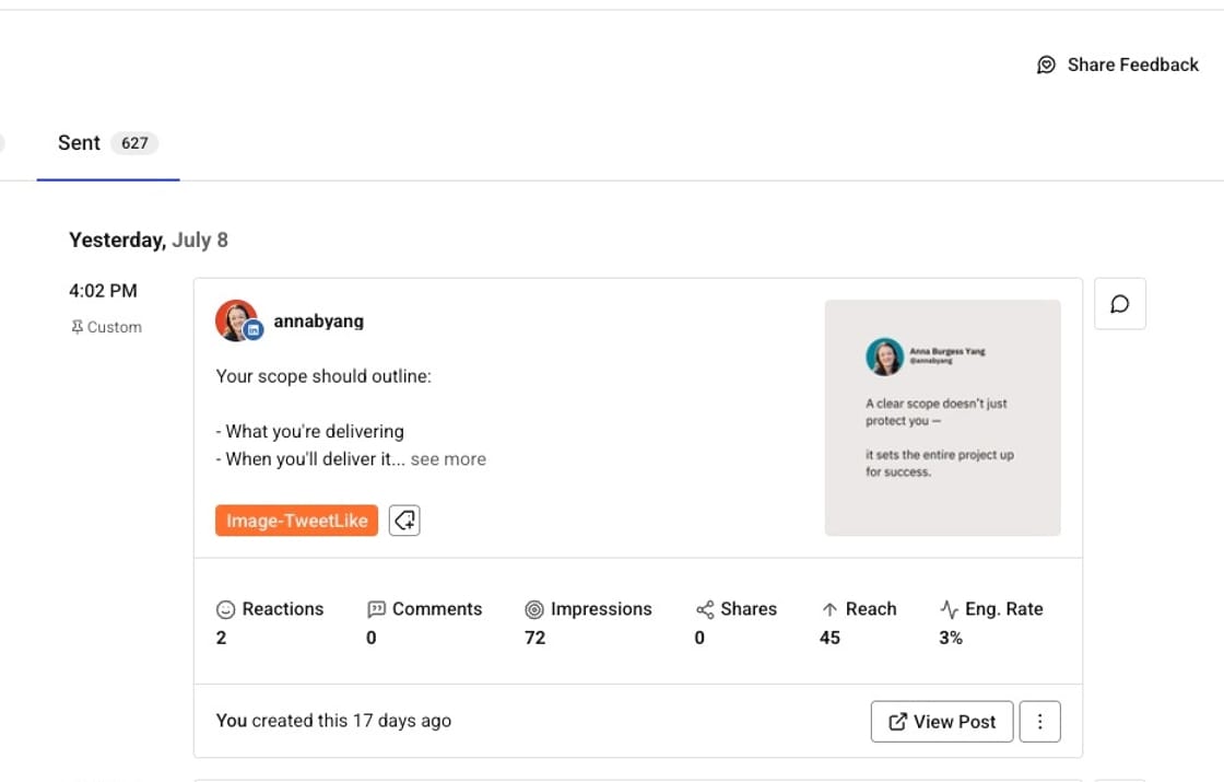 Screenshot of a sent post in Buffer