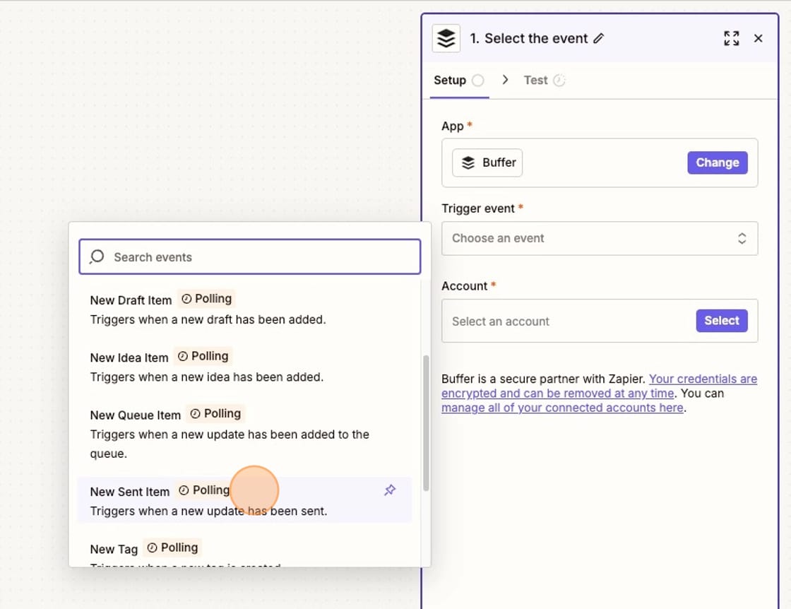 Screenshot of seleting "New Sent Item" as a trigger event in Zapier