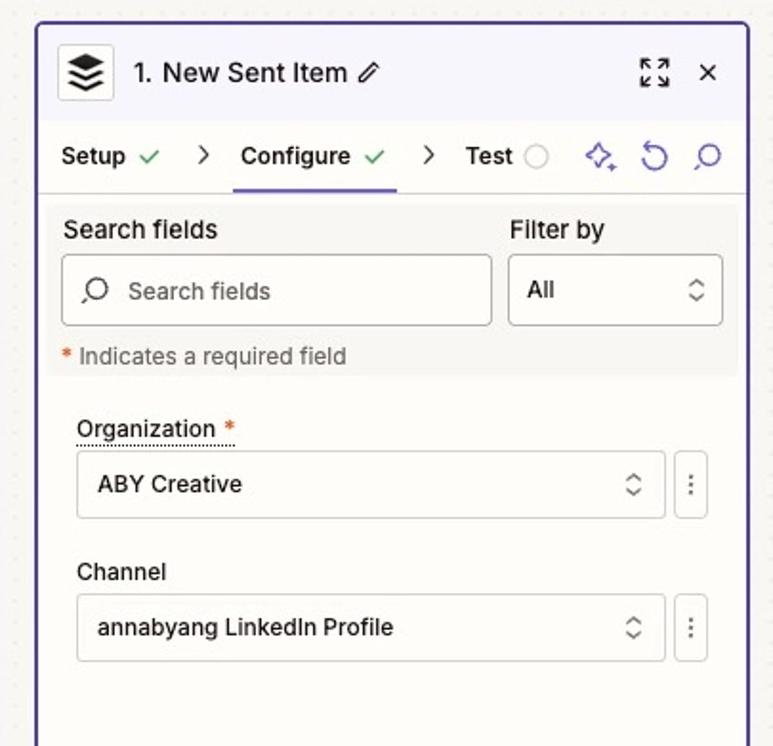 Screenshot of selecting an organization and channel in Zapier