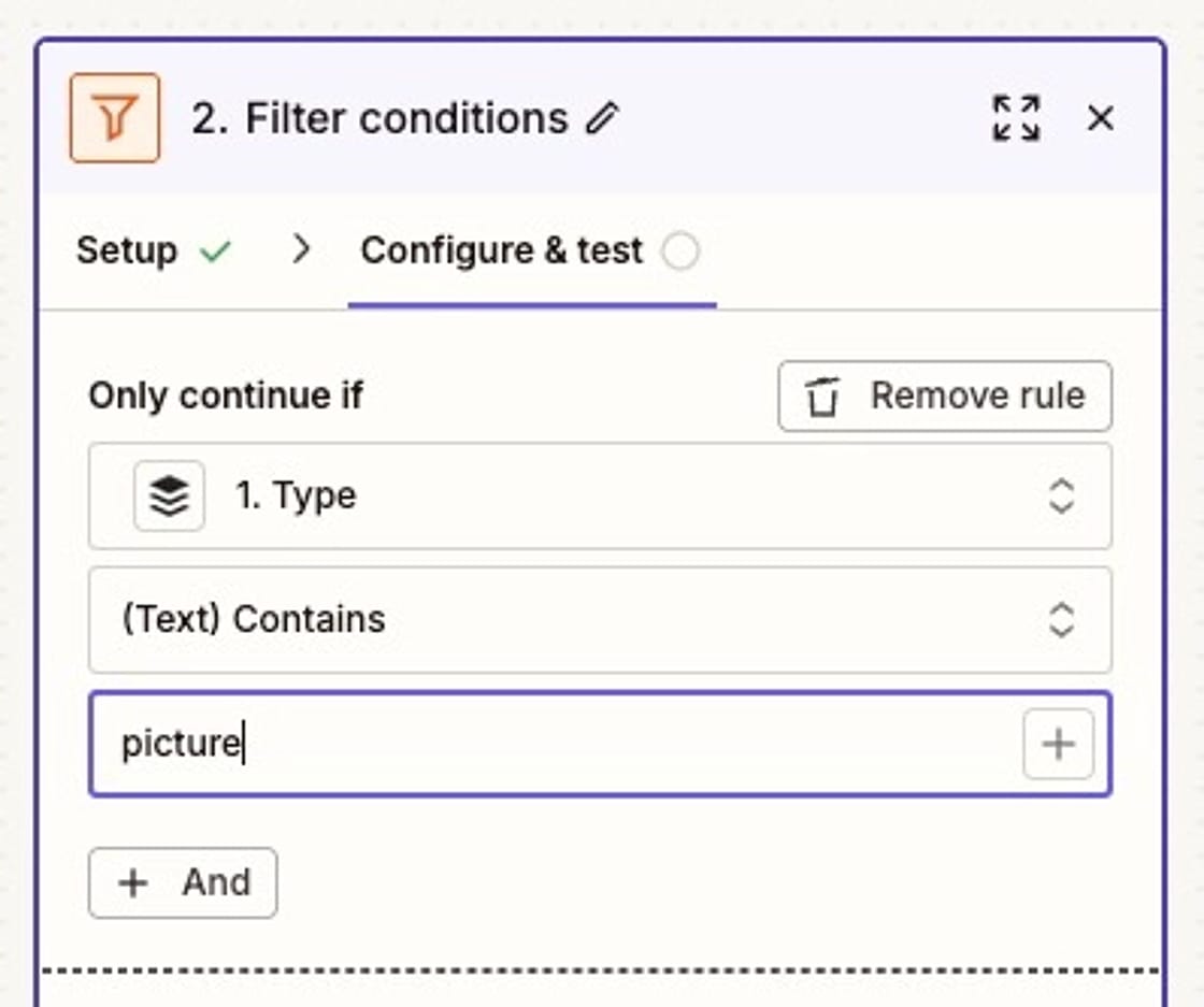 Screenshot of adding a filter of "picture" in Zapier