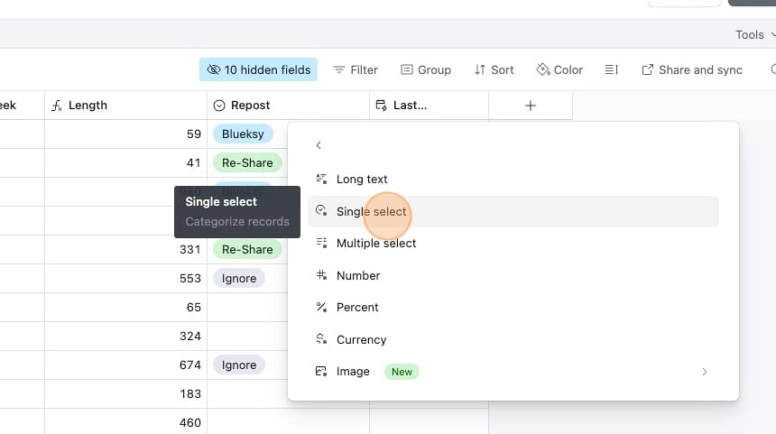 Selecting the field type in Airtable