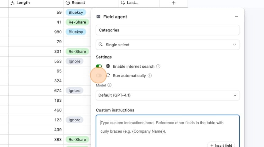 Configuring the field settings
