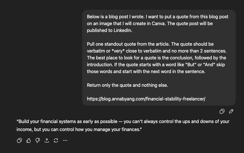 Screenshot from ChatGPT showing the prompt added and a response