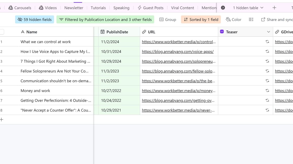 A view of published blog posts in Airtable