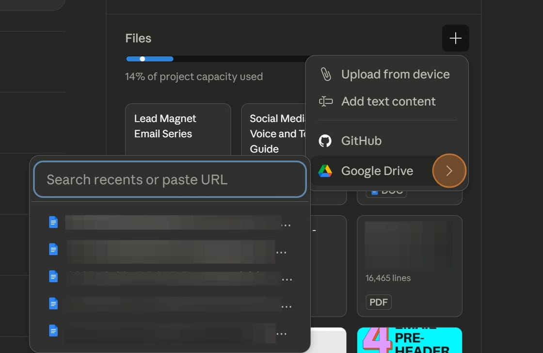 Screenshot of attaching project files from my Google Drive