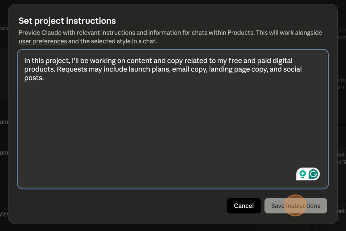 Screenshot of Instructions in Claude AI