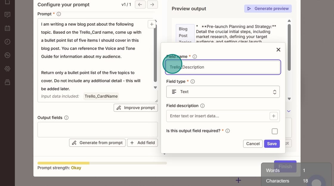 Screenshot of adding a field name