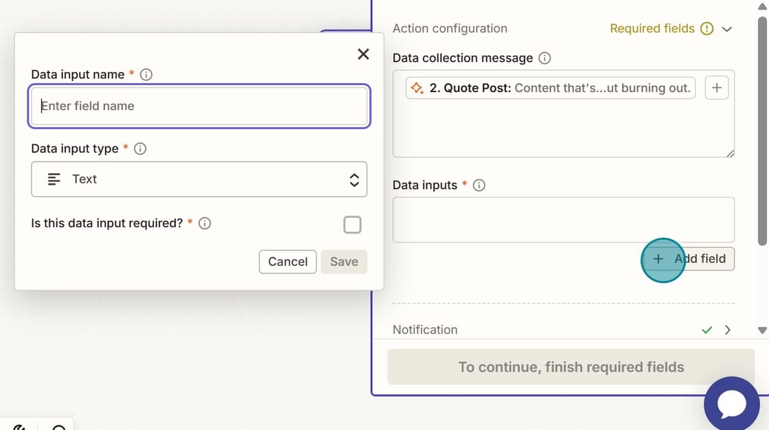 screenshot of adding a Data Input field
