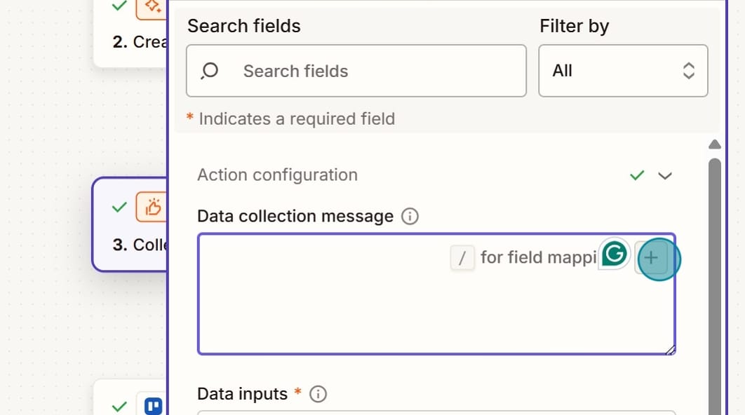 Screenshot of the data collection message field