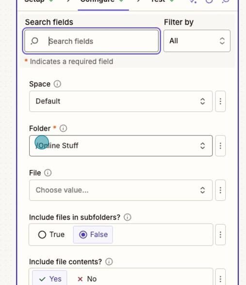 Screenshot of the Dropbox "New File in Folder" step