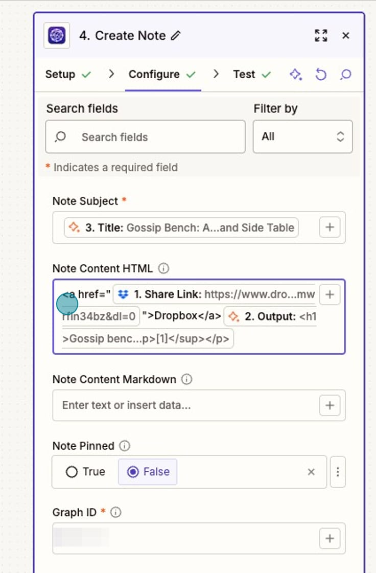 Screenshot of Reflect Note Setup in Zapier