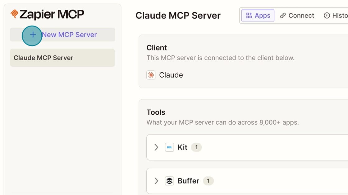 Screenshot of New MCP Server in Zapier