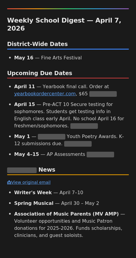 screenshot of school email digest