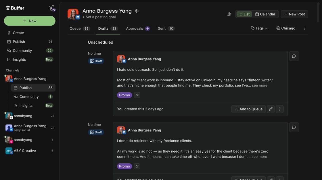 Screenshot of added posts in Buffer