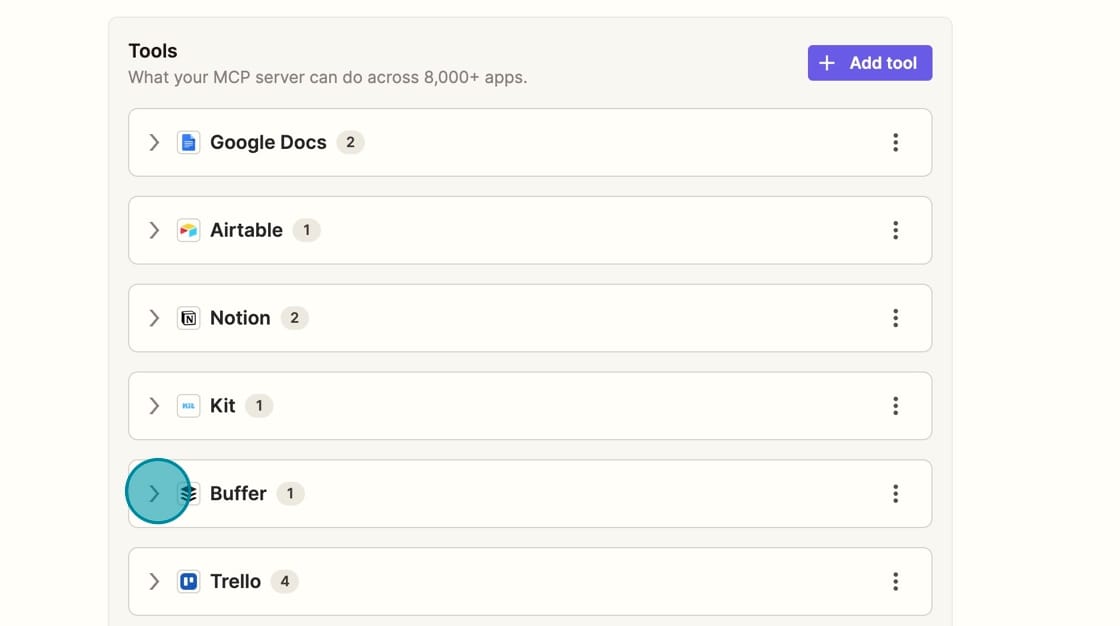 Select the Buffer app in the Zapier MCP