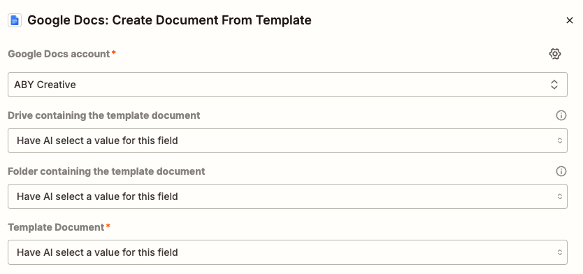 Configure the Create Document from Template action