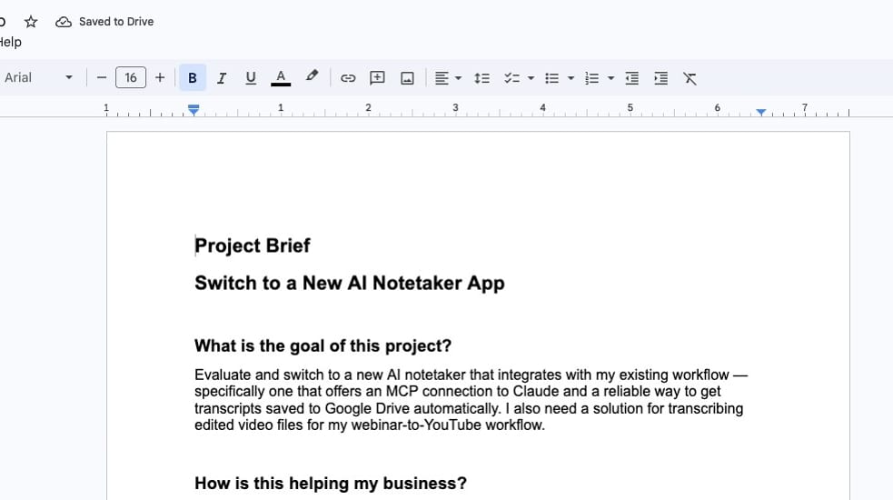 Screenshot of the created Google Doc