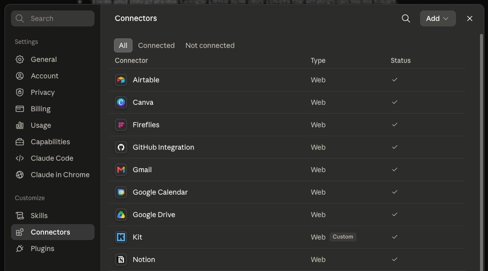 Screenshot of Connectors in Claude