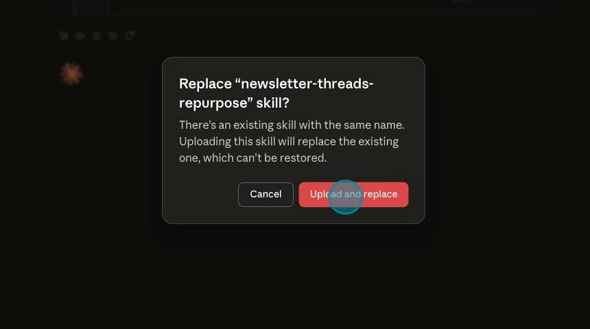 Screenshot of the Upload and Replace button in Claude