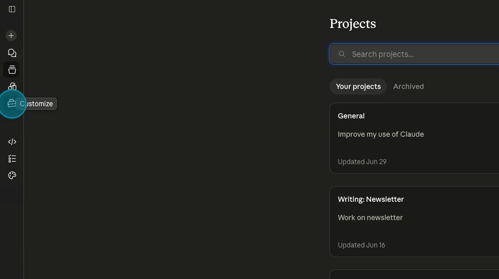 Screenshot of Claude's Customize button