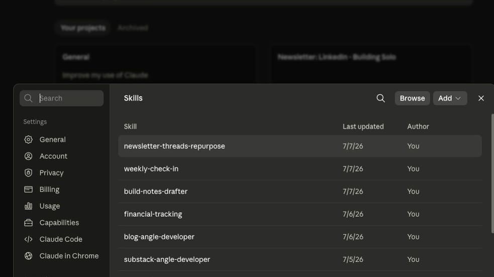 Screenshot of saved Skills in Claude