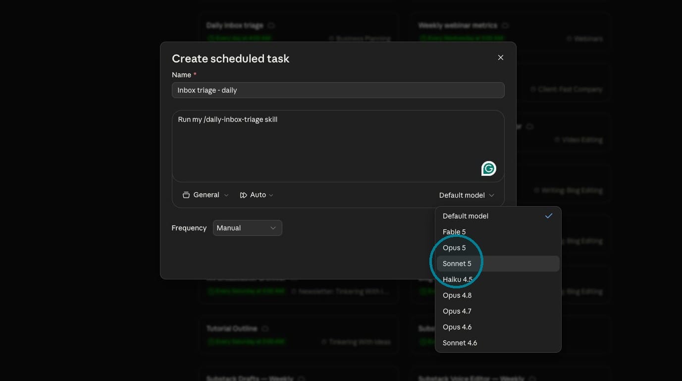 Screenshot of model options