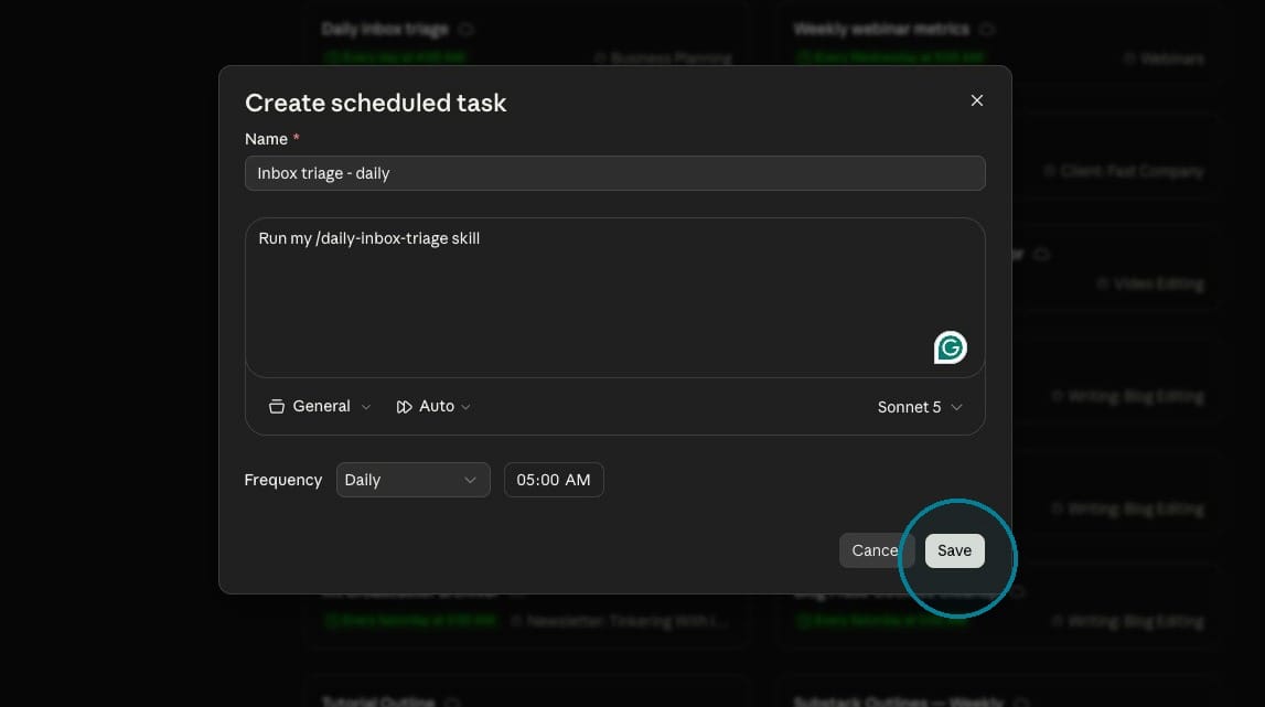 Screenshot of save scheduled task