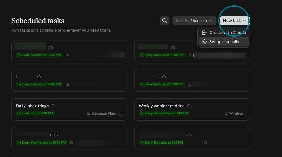Screenshot of the New Task option in Claude Scheduled Tasks