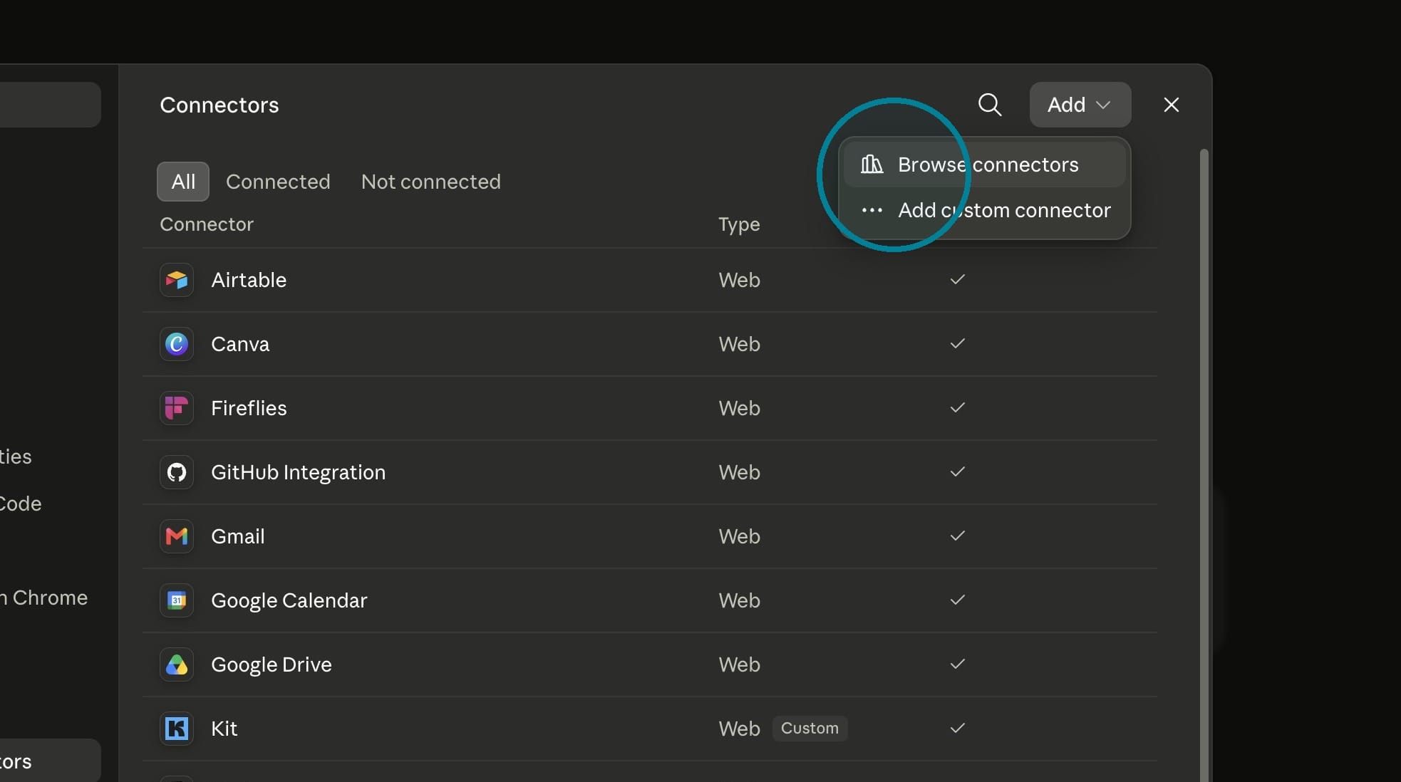 Screen shot of clicking on "Browse Connectors"