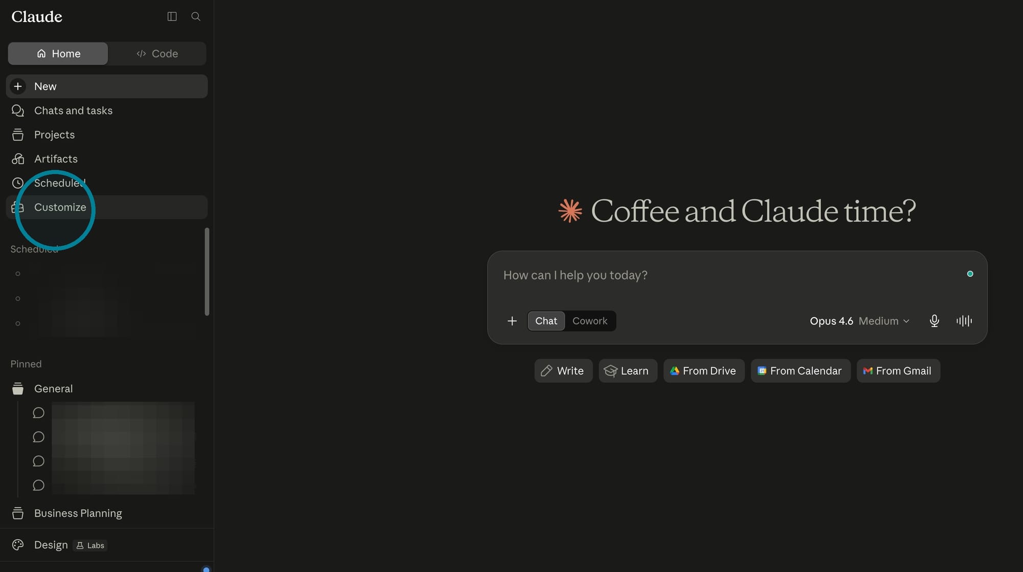 Click on "Customize" in Claude