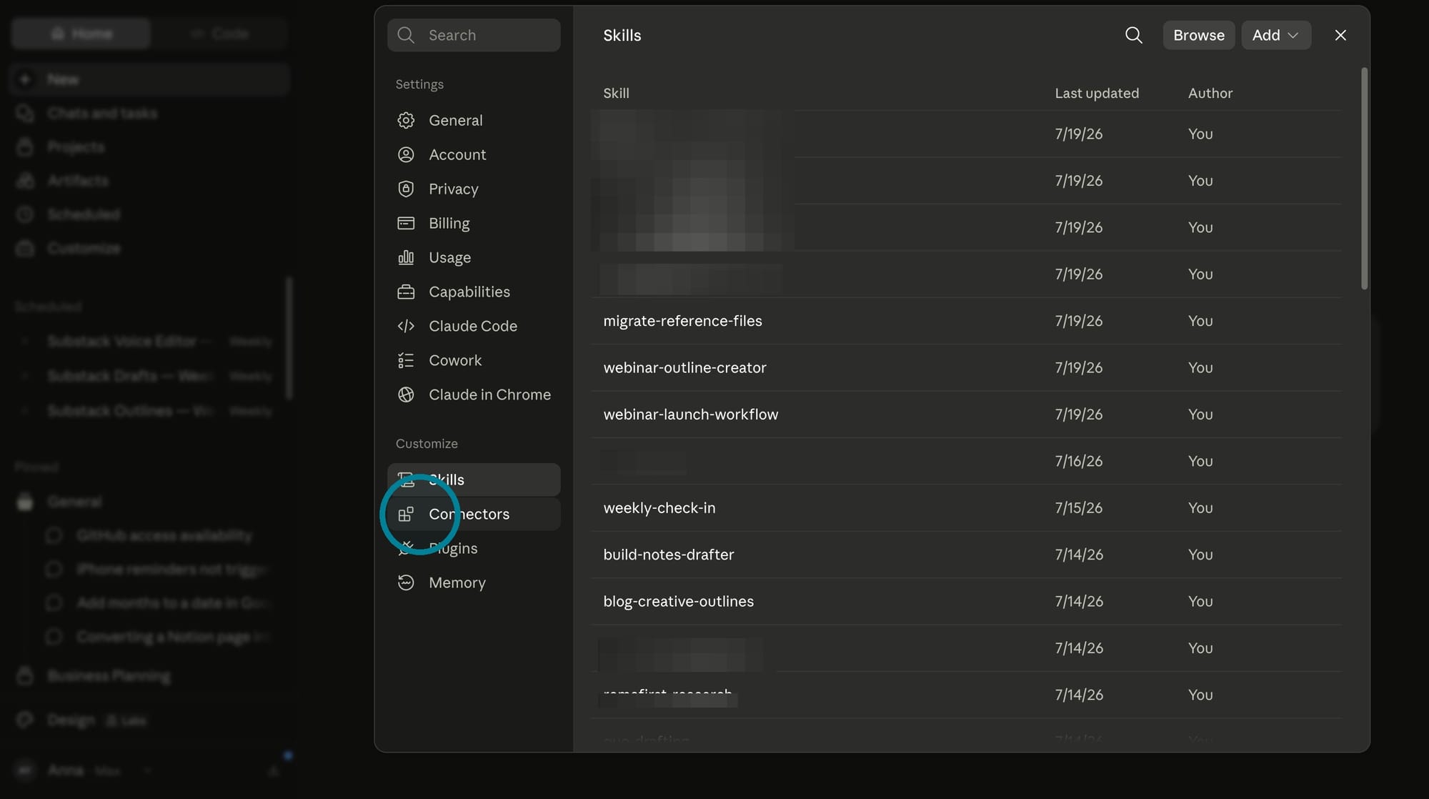 Screen shot of clicking on Connectors