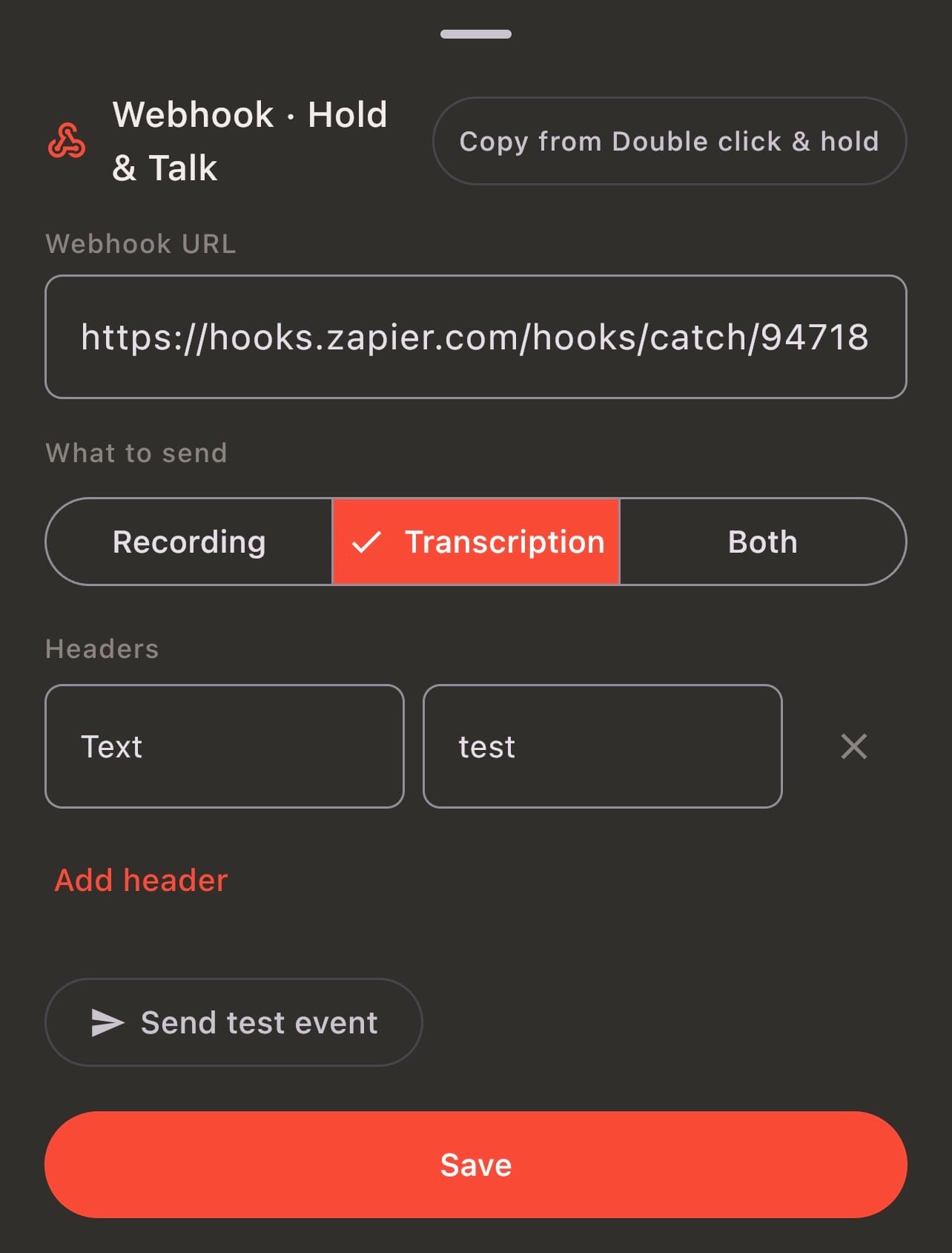 Screenshot of the webhook setup in the Pebble Index 01 app