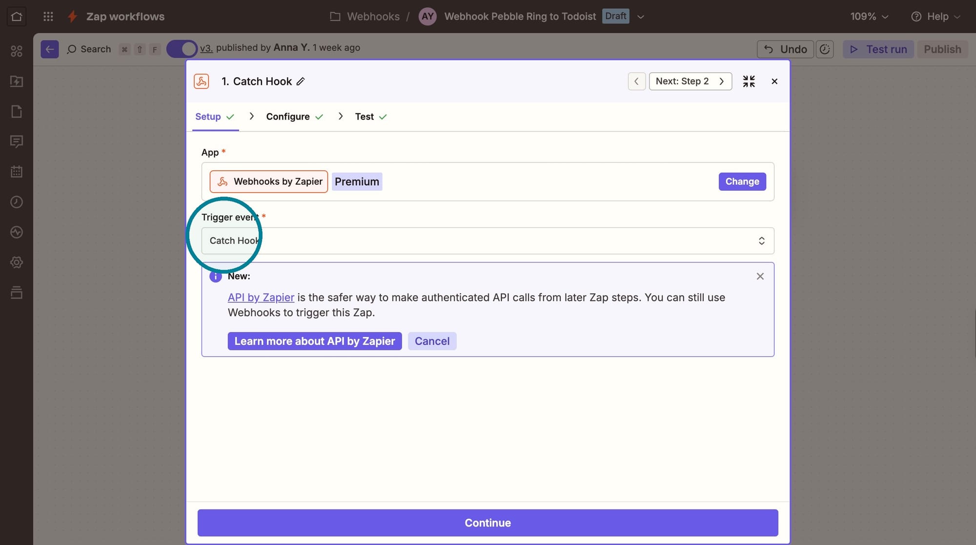 screenshot of the Catch Hook step in Zapier