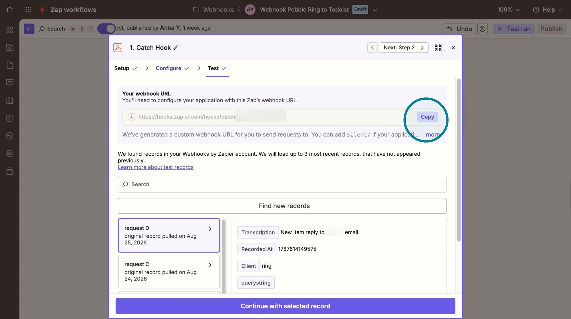 screenshot of the webhook URL in Zapier and a test