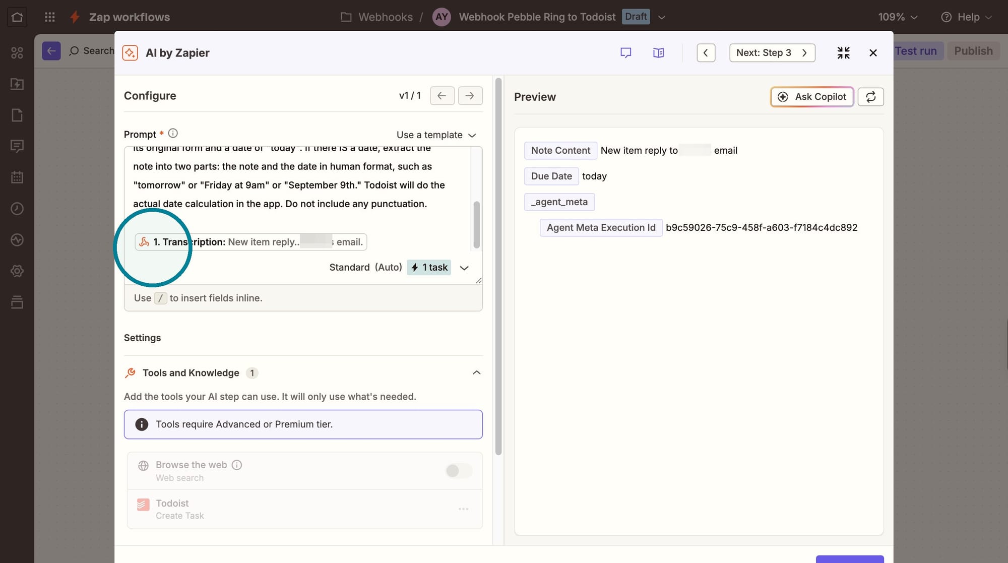 Screenshot of adding the transcript to AI by Zapier
