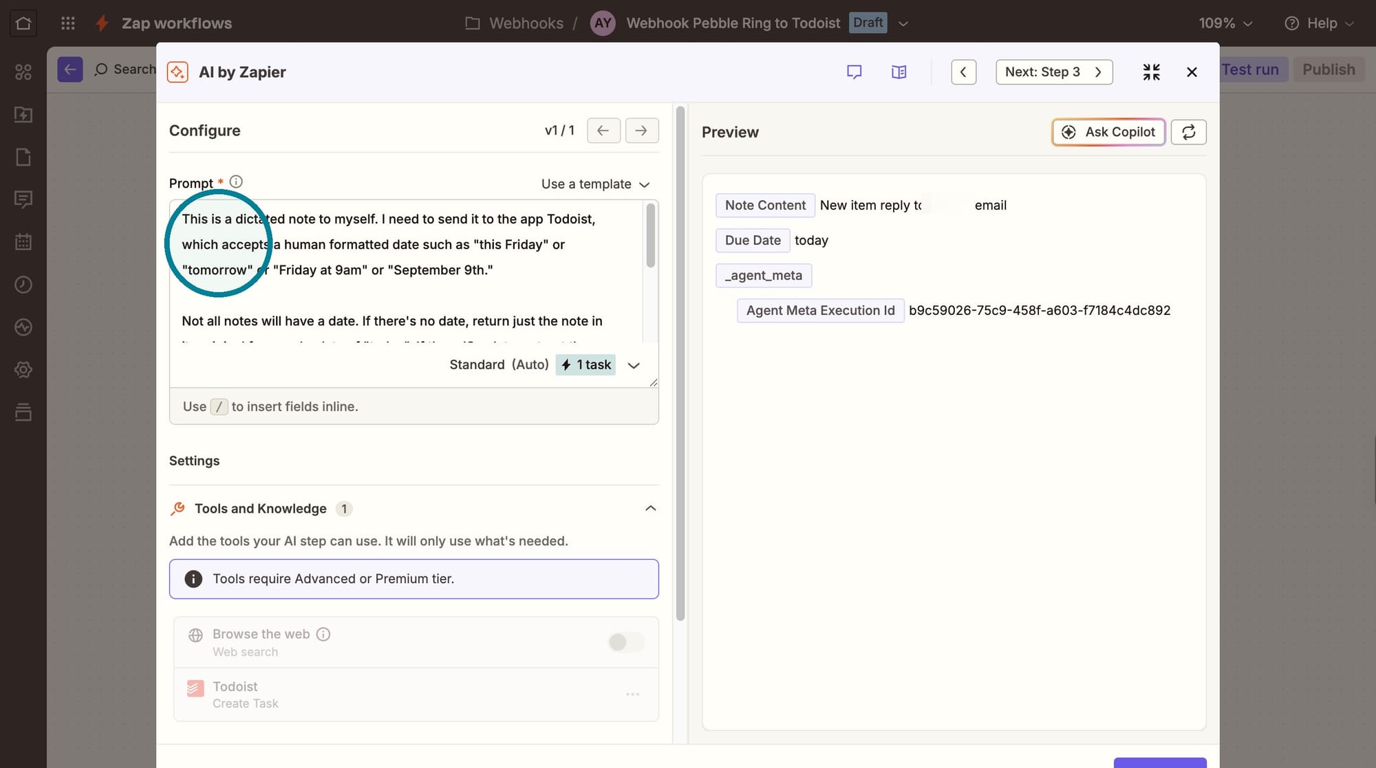 Screenshot of the AI by Zapier instructions