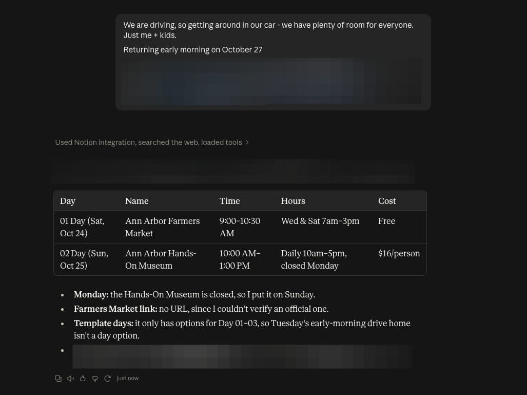 Screenshot of Claude's suggestions for the trip