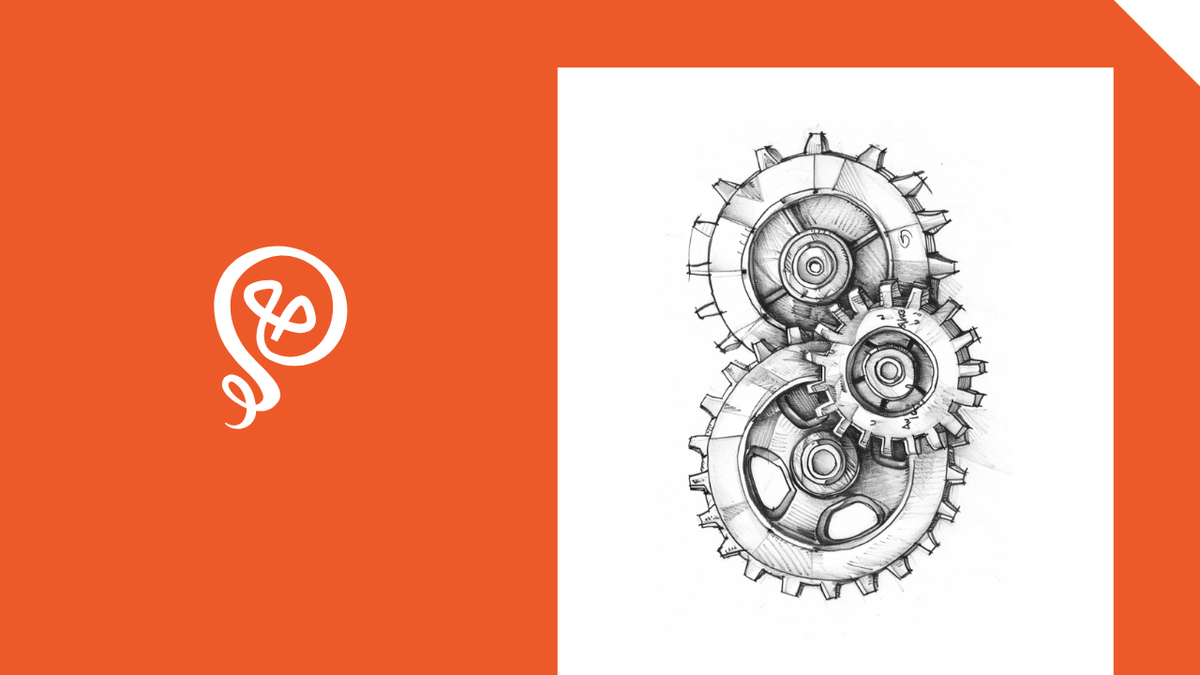 Tinkering With Ideas logo and black and white drawing of three gears