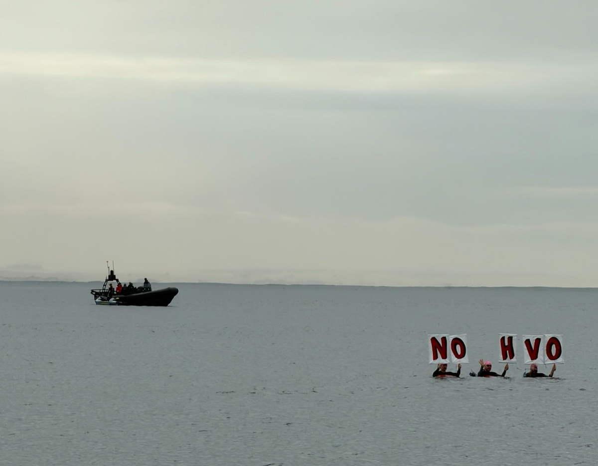 Grey water and a grey sky. A black police boat watches three swimmers in wet suits holding up signs that spell out "NO HVO"