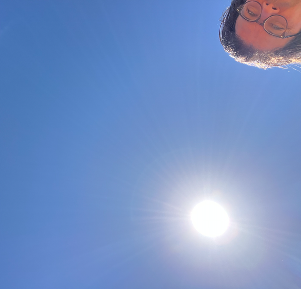 A deep blue Canberra summer sky, the sun shining painfully brightly, and my sweating head peeking in from the top corner, upside down