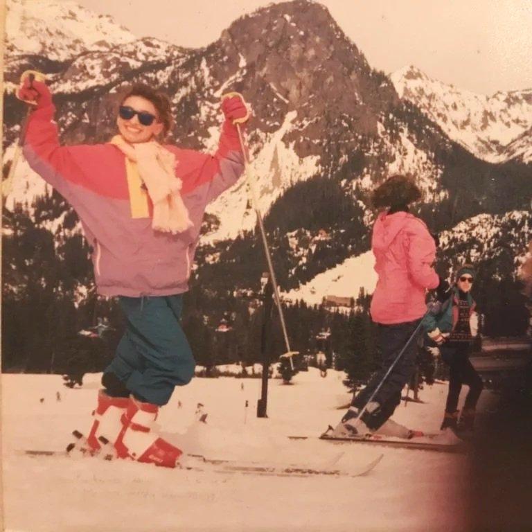   Rain Yara Carver poses during one of Jaynes’ original ski bus trips in the 90s. Photo Courtesy of Jaime Jaynes  