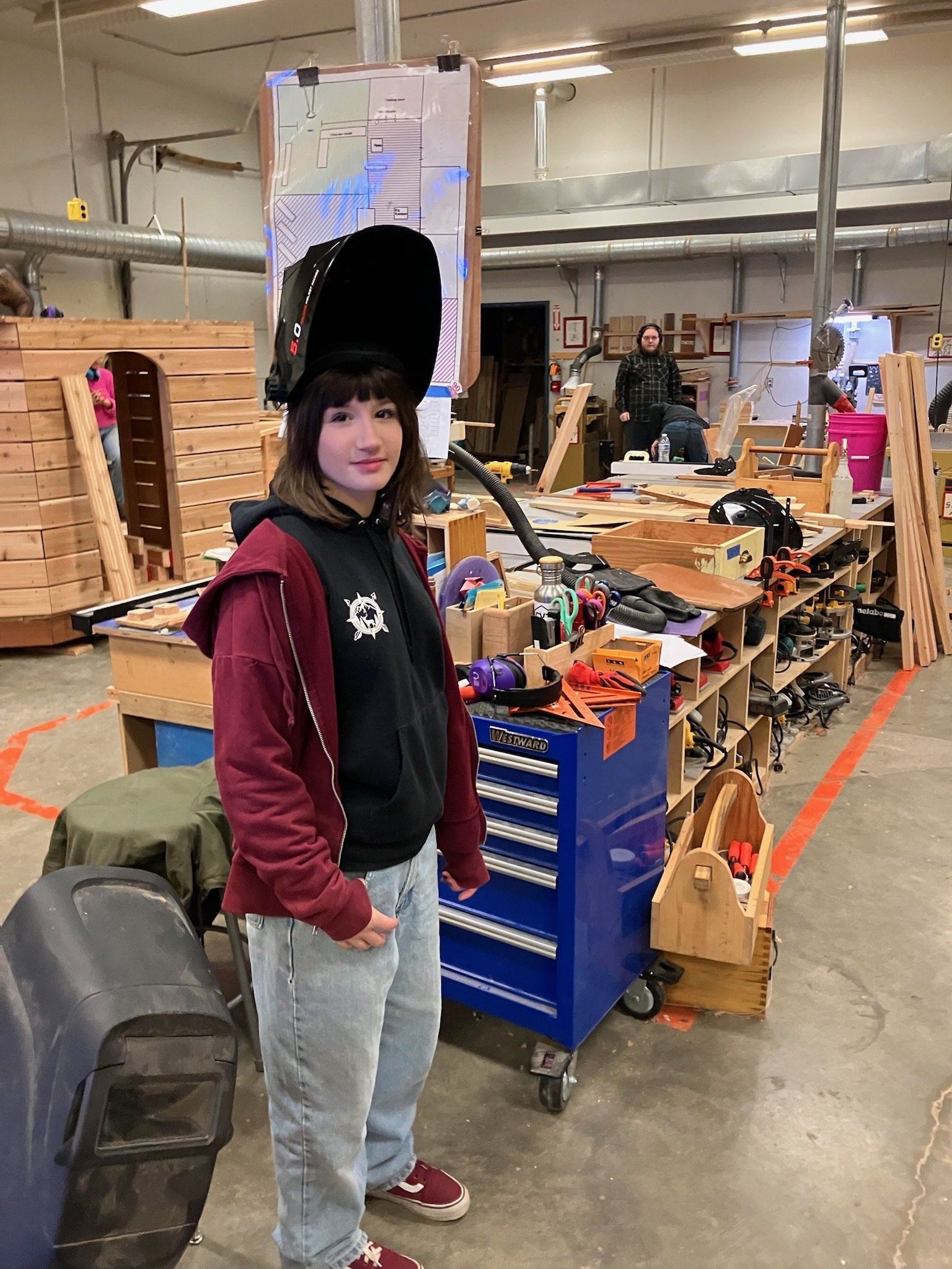   Student Sequoia Collins-Johnson getting ready to practice welding. Photo by Kelley Watson  