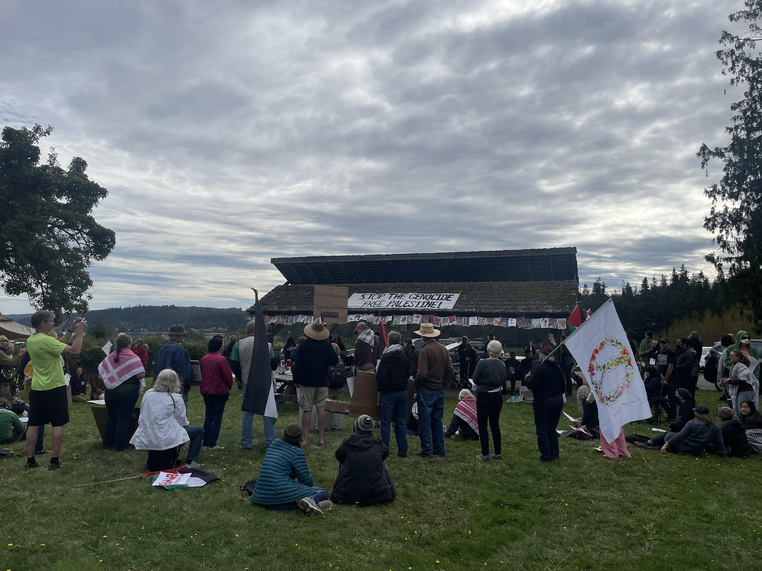  People from all over western Washington gathered to hear speakers at the park opposite Indian Island base. Photo by G. Dobyns. 