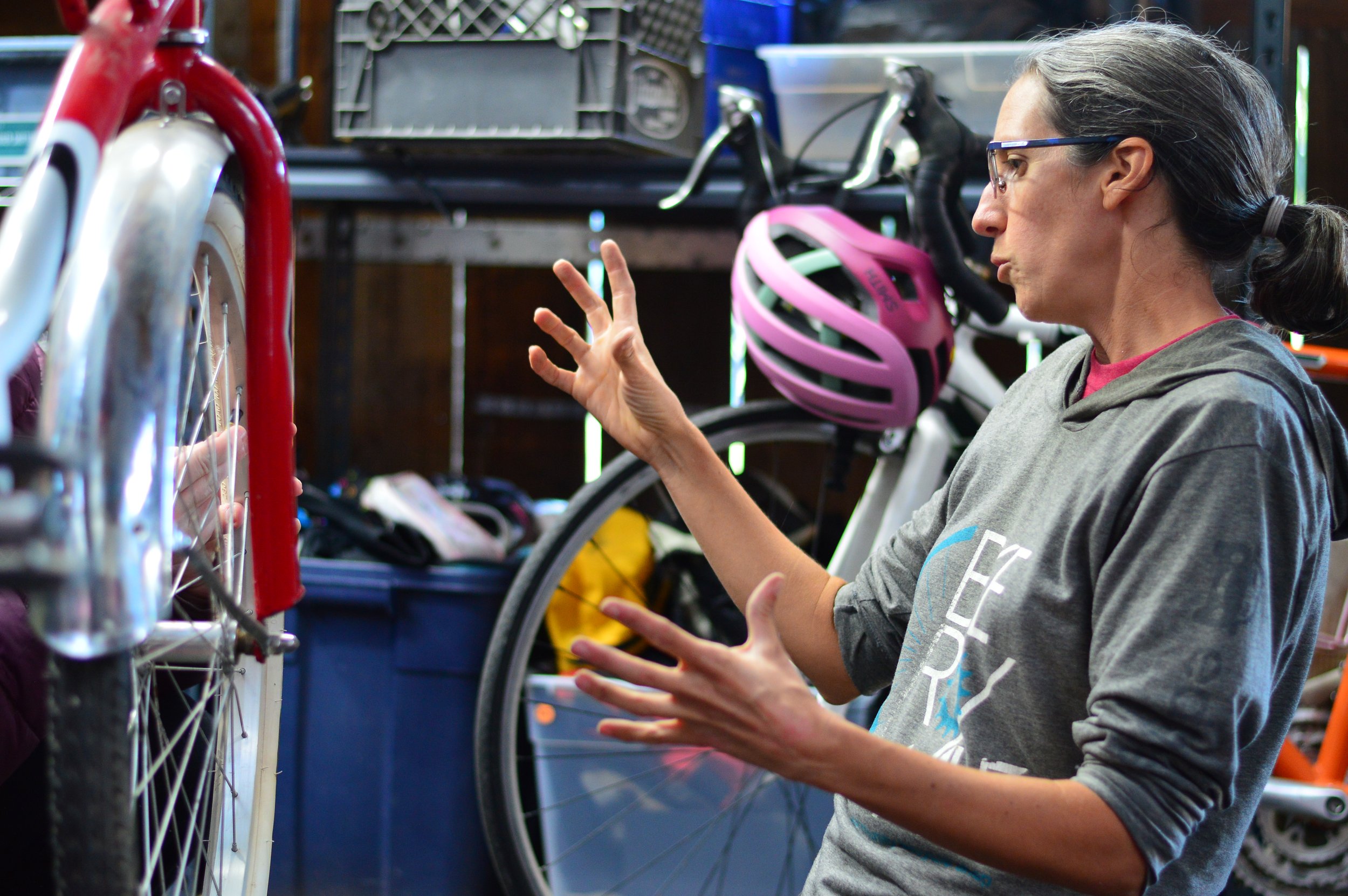   Rach Stevenson is among the mechanics who work at the ReCyclery's WTF access nights. photo by Diane Urbani de la Paz   