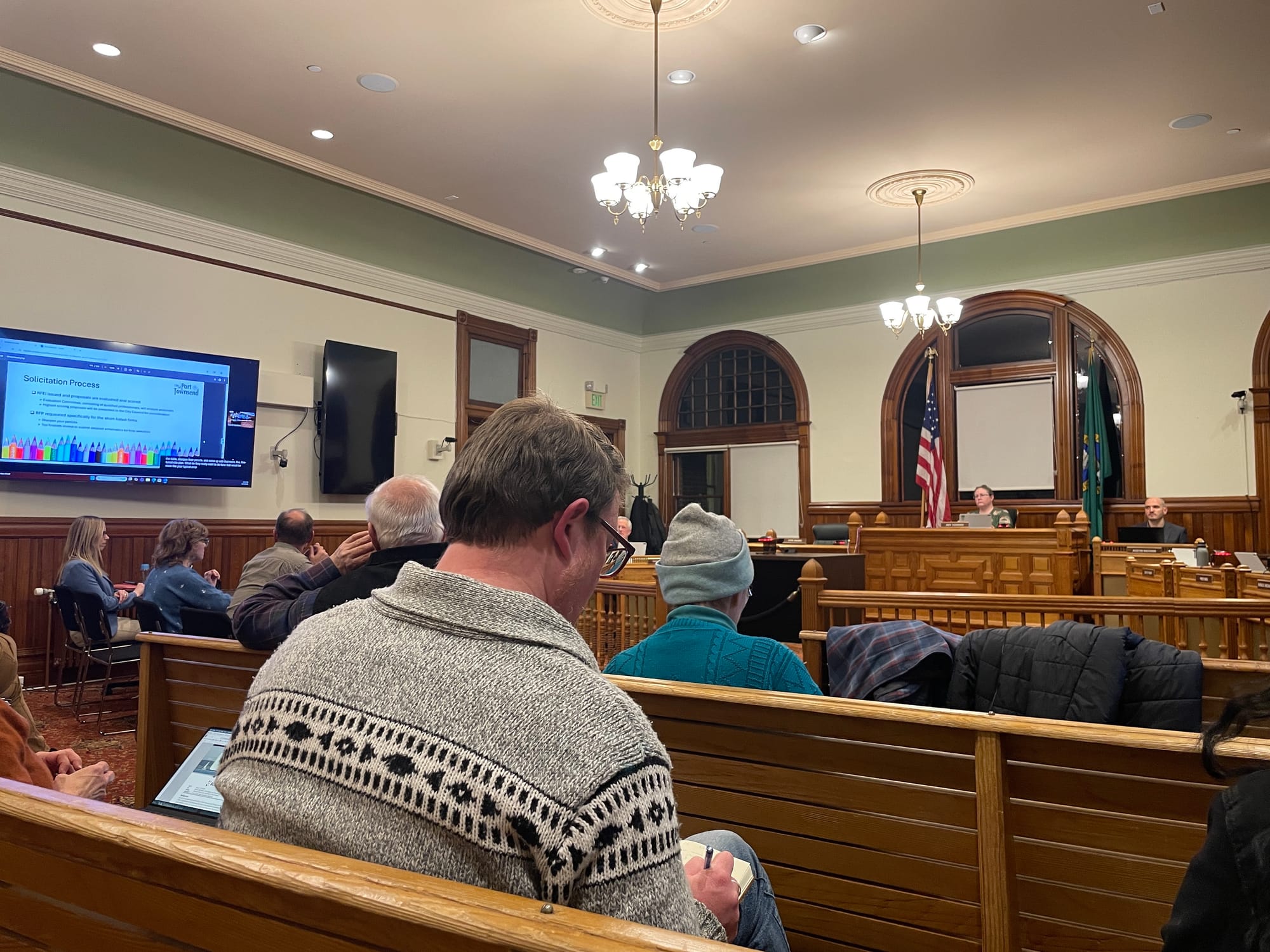 Interior of Port Townsend City Council Chamber facing the mayor's desk in public seating.