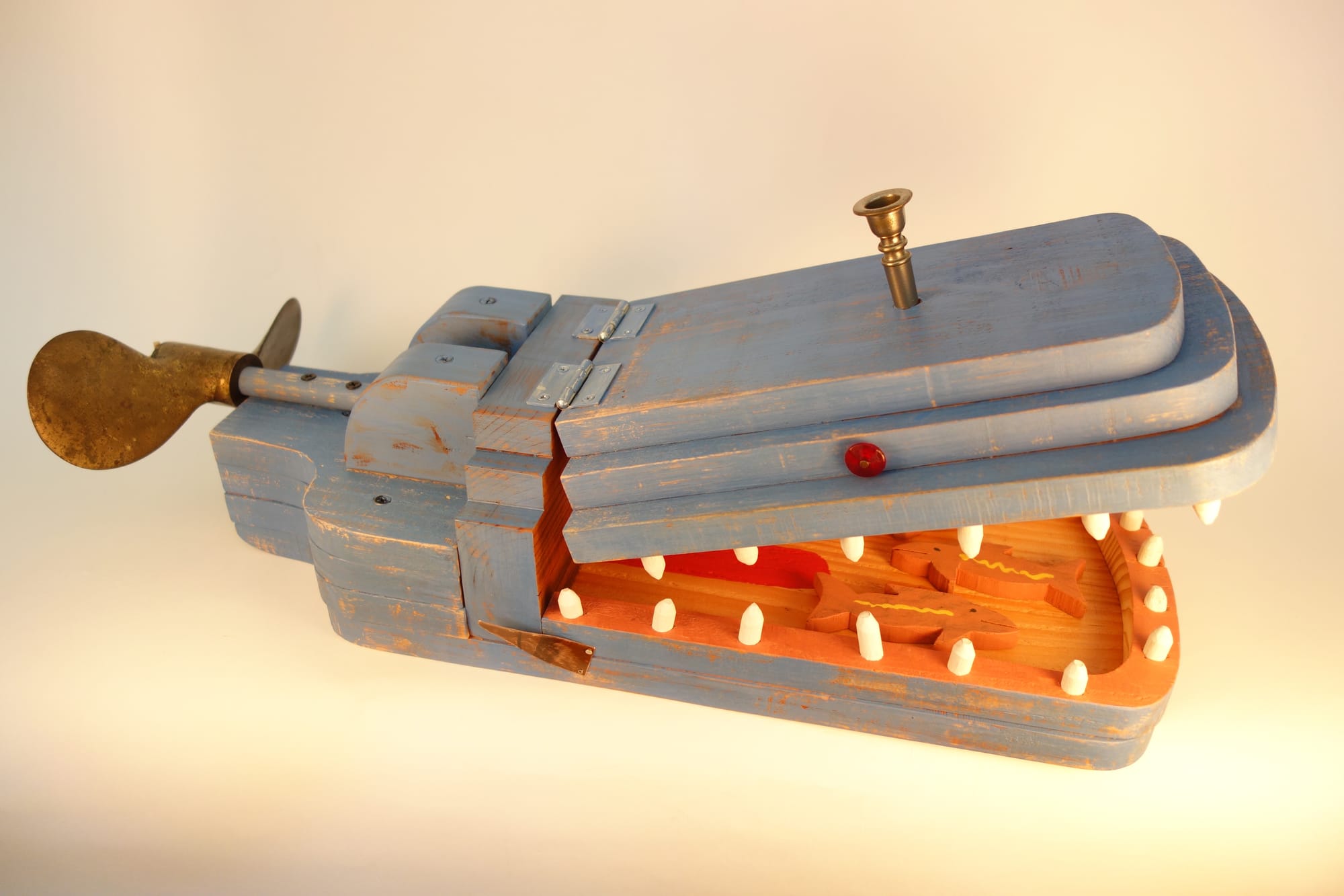 A Blue whale sculpture made from found and constructed objects 